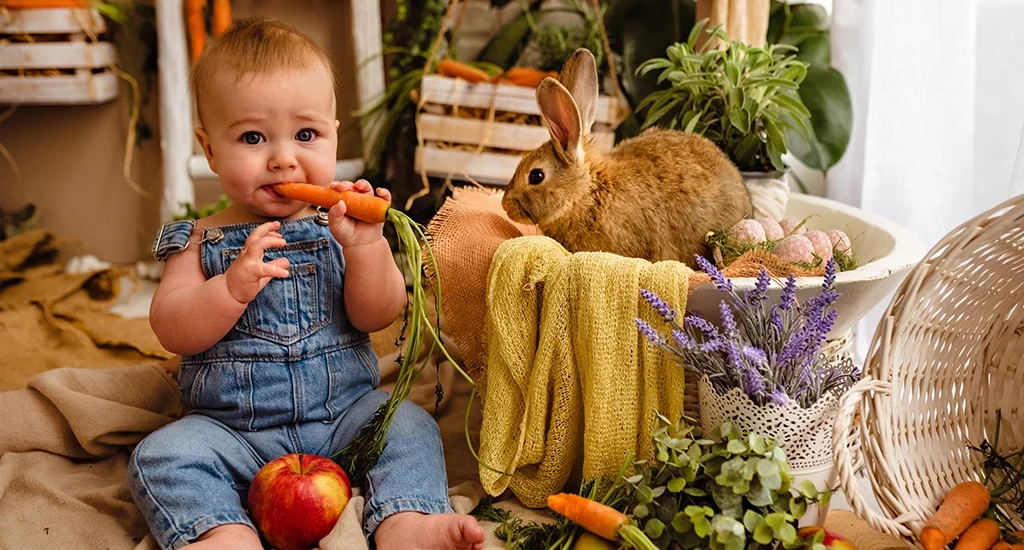 Foto a tema pasquale di un bimbo insieme ad un coniglio in una cesta con attorno frutta, fiori e carote. Fotografia a colori a tema pasquale con bimbo e coniglio Italia